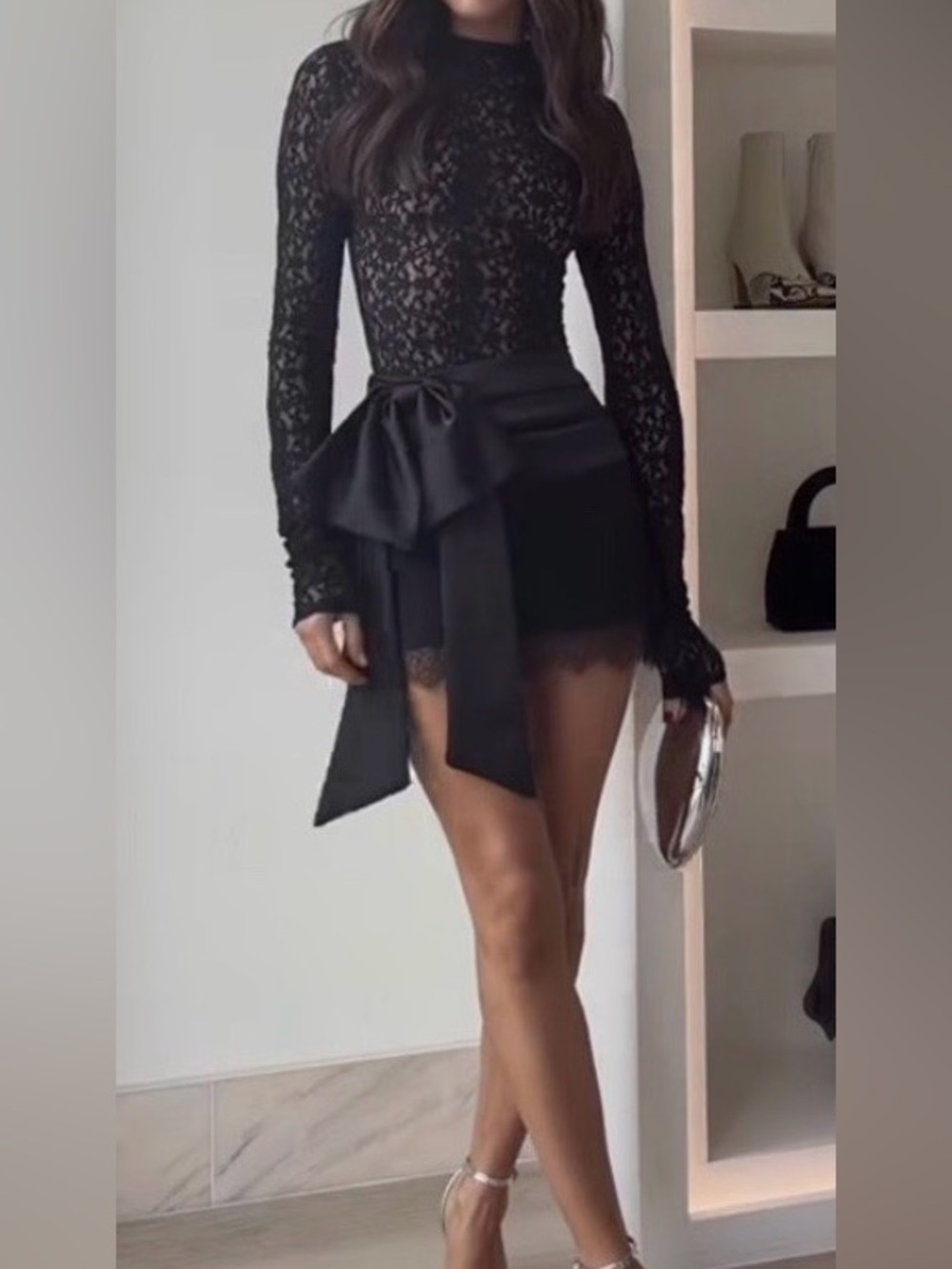 Zara Black Lace Satin Side Bow Mini Skirt